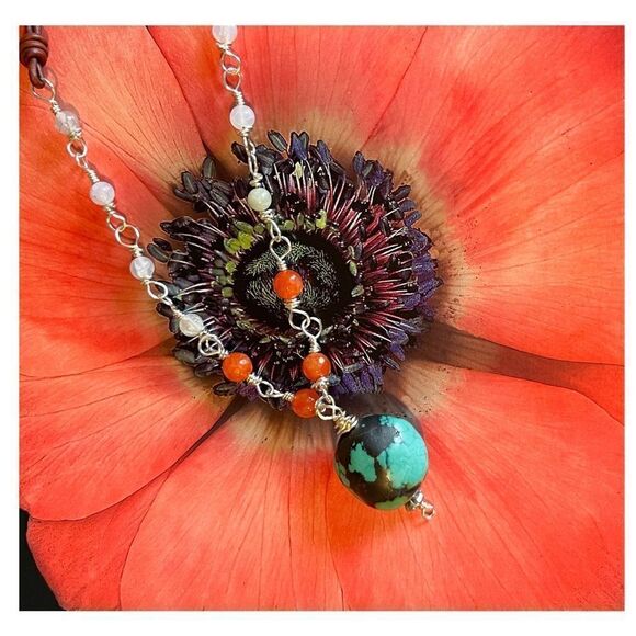 BOHO Handcrafted Necklace with turquoise pendant and leather and bead chain - Picture 1 of 8